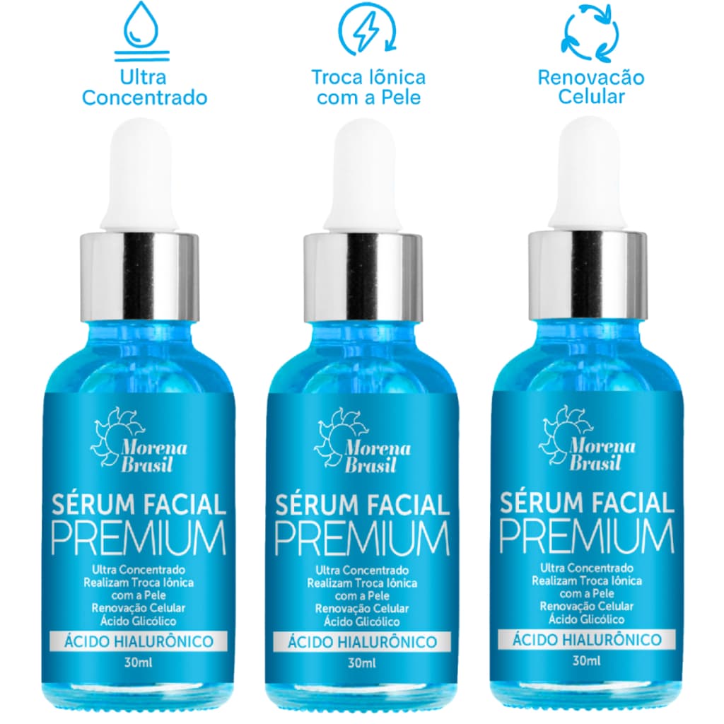 Kit 3X Sérum Facial Ácido Hialurônico Morena Brasil -  Pele Renovada, Redução de Olheiras & Inchaço