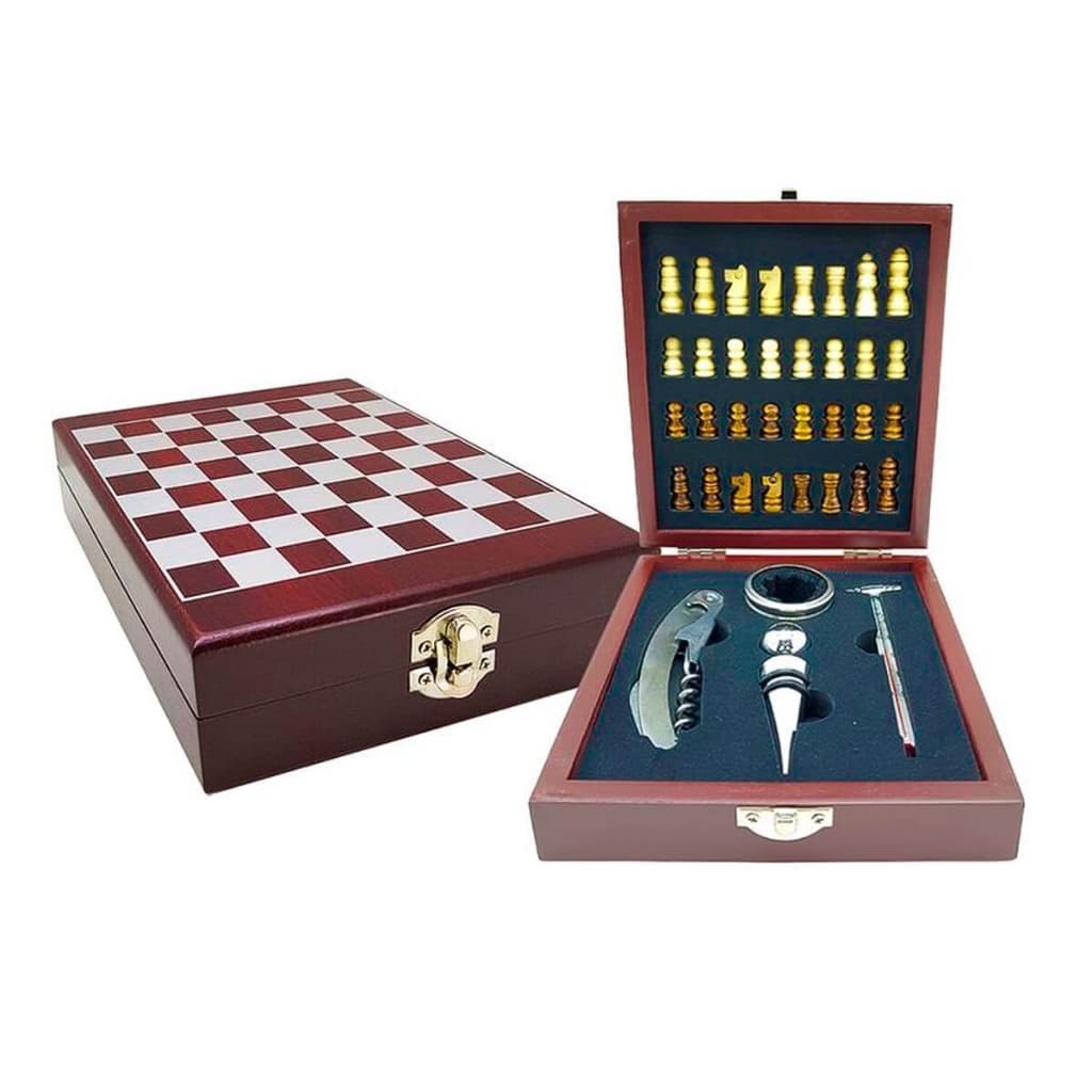 Kit Abridor De Vinho com 4 Peças e Maleta com Jogo De Xadrez Kit 2 em 1 Acessórios e Abridor de Vinho e Xadrez