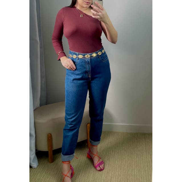 Calça Mom Jeans Feminina Cintura Alta Premium Azul Escuro Cós Alto Look fashion