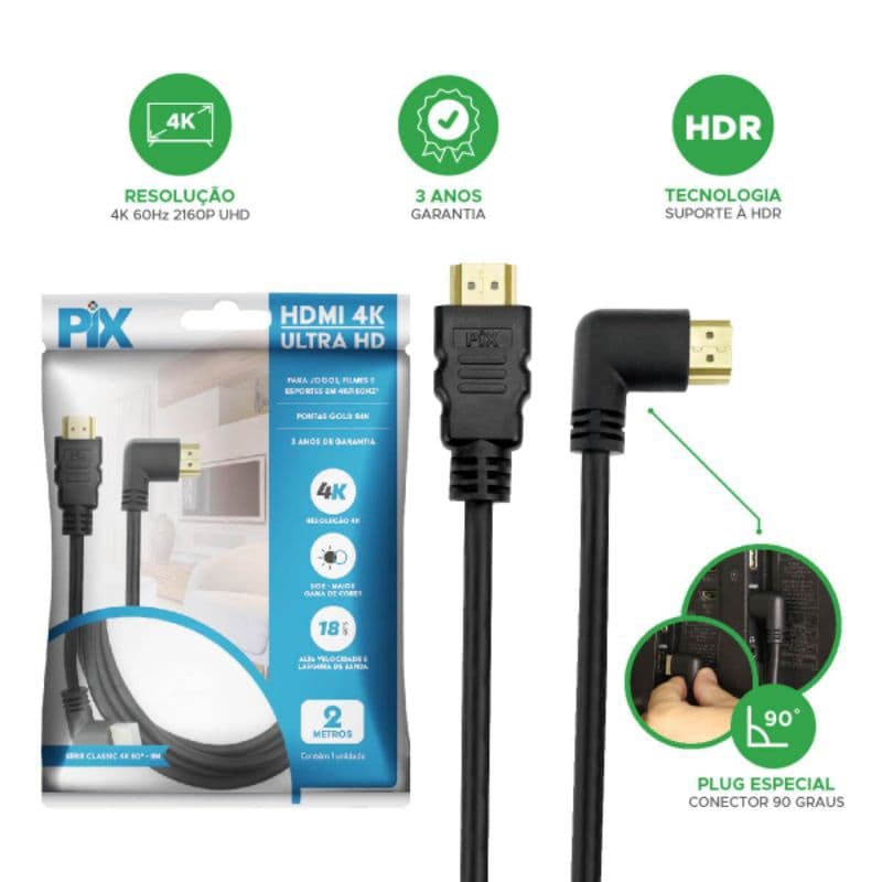 Cabo HDMI Flat 90° e Cabo HDMI Padrão Original PIX