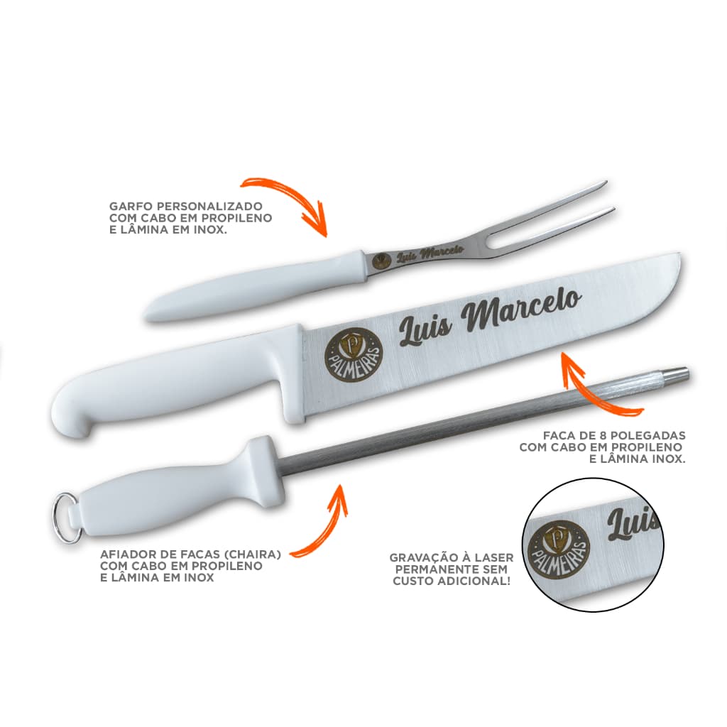 Kit Utensílios Faca Garfo Afiador Personalizado com Logo e Nome Presente Dia dos Pais