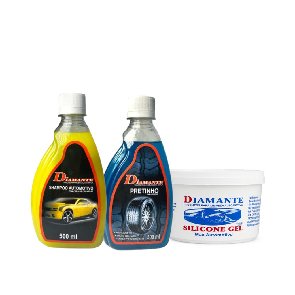 KIT  Shampoo com cera de carnaúba 500ml +  Silicone em Gel 600g + Pretinho Para Pneus 500ml