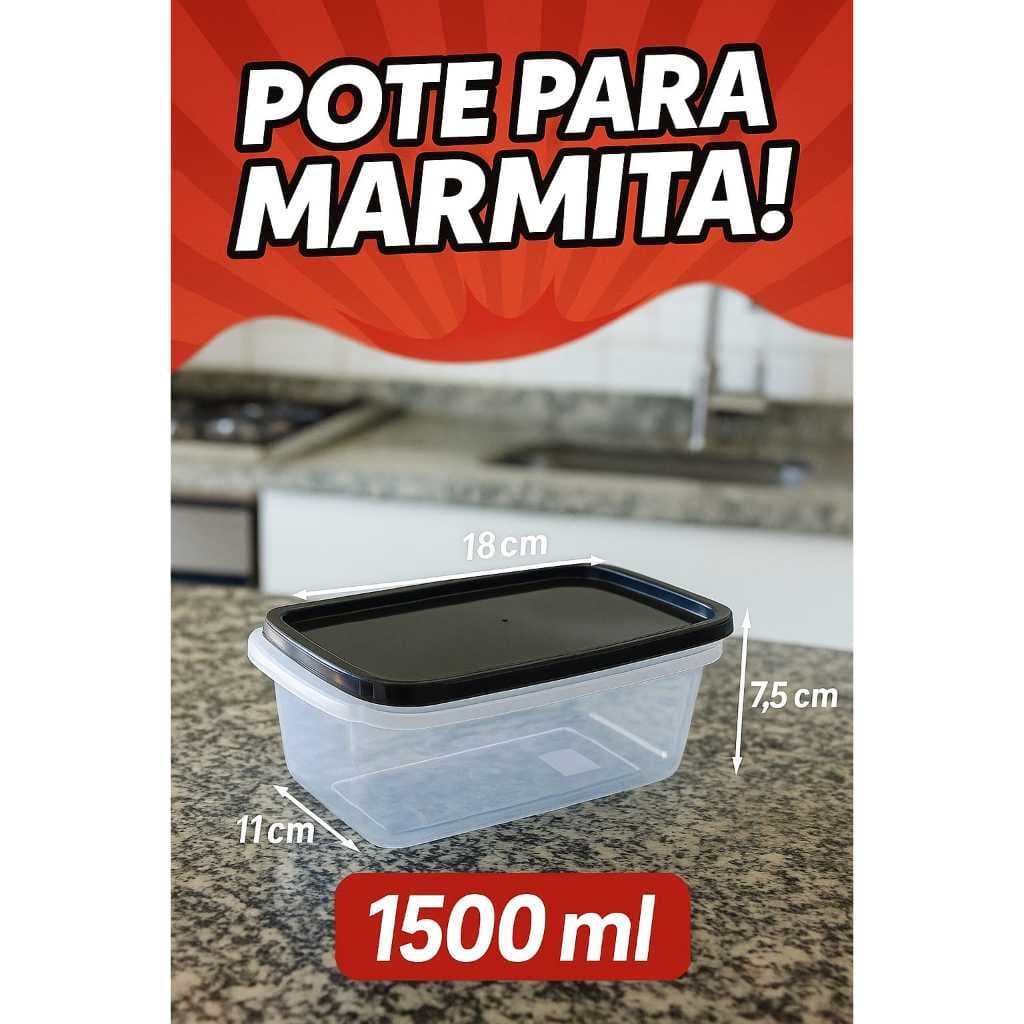 2 Potes Retangular 1500ml de Plástico Transparente com Tampa Preta - Multiuso, Marmita, Freezer e Micro-ondas