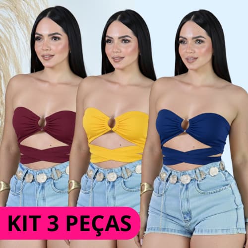 Kit 3 peças Cropped com tiras de amarrar VIA BRAS  - tam.Único. C005