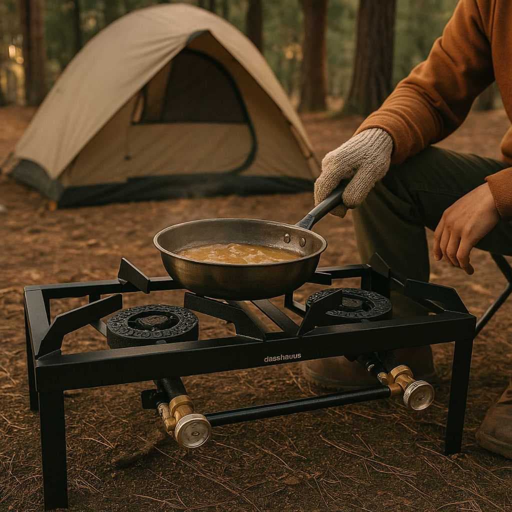 Fogão de Ferro Fundido Alta Pressão 2 Bocas Chama Média Ajuste Manual Camping Praia Acampamento