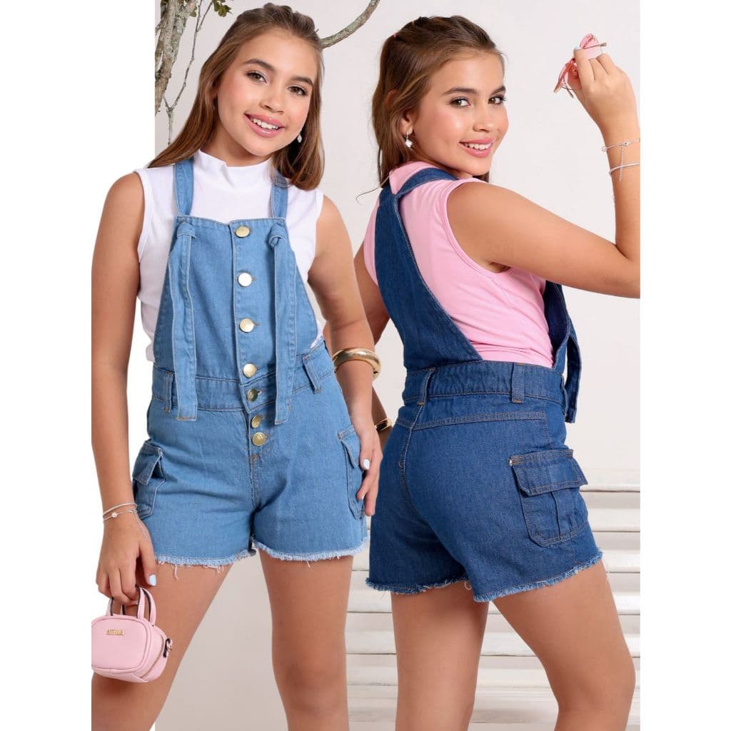 Macaquinho feminino jeans jardineira short bolso cargo infantil macacão