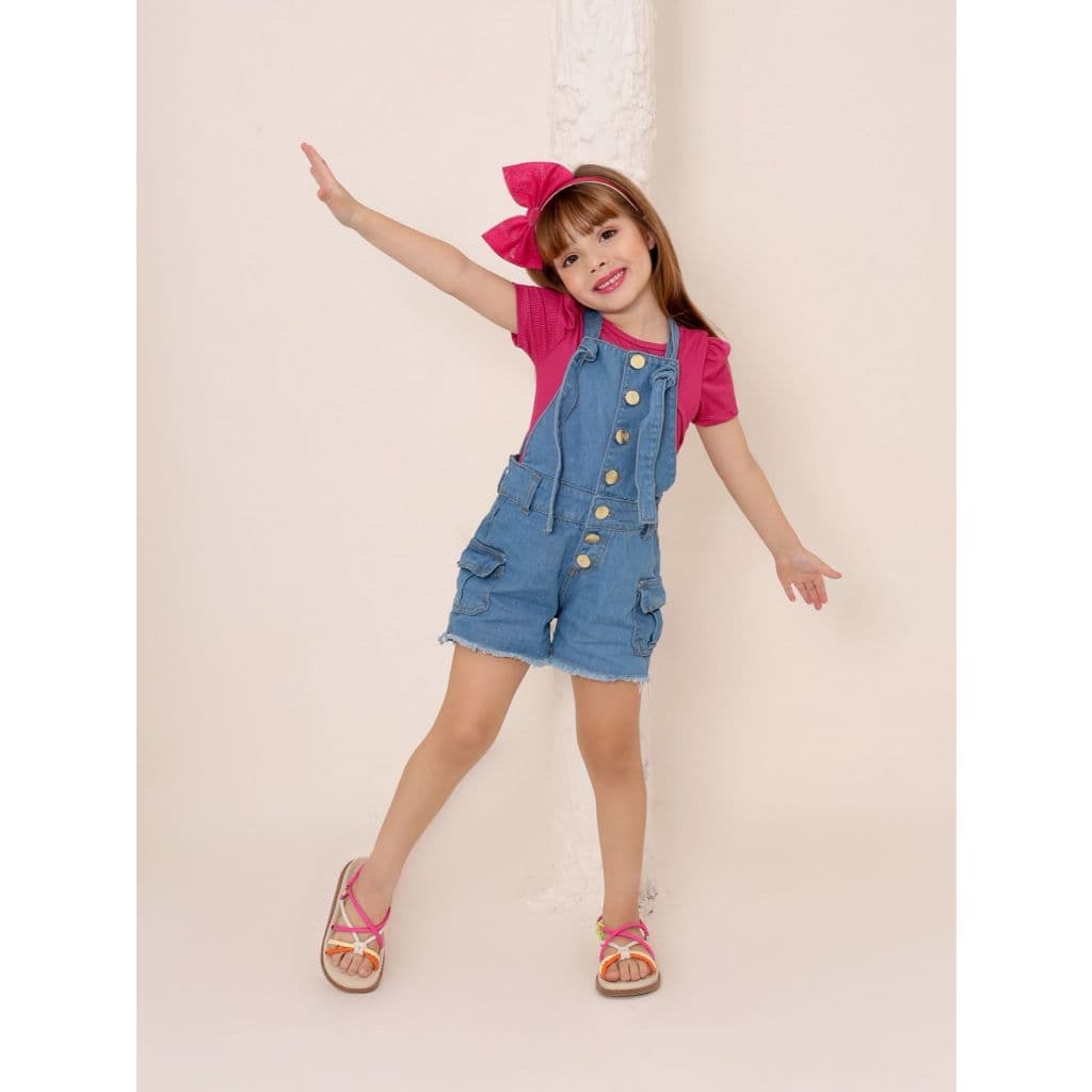 Jardineira cargo infantil menina macaquinho jeans short