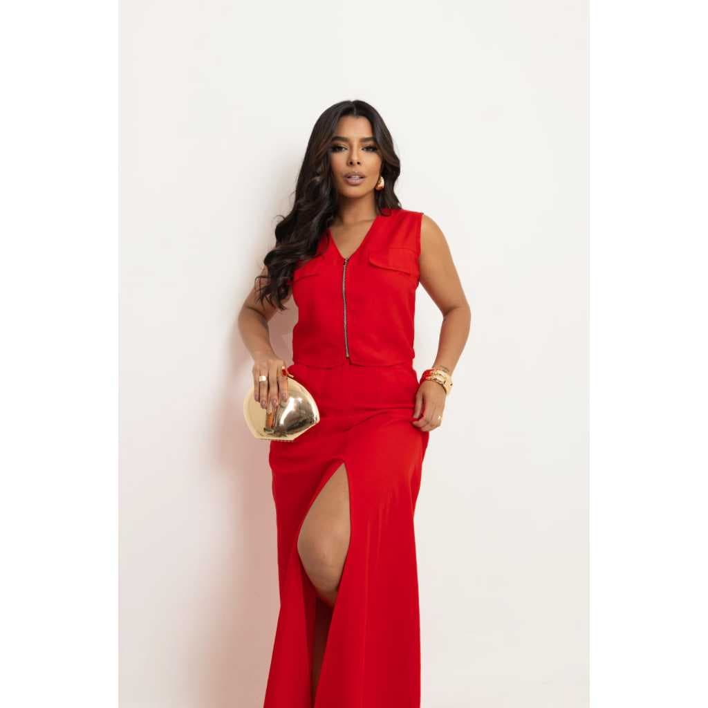 Conjunto Croped E Saia Longa Com Fenda Moda Elegante