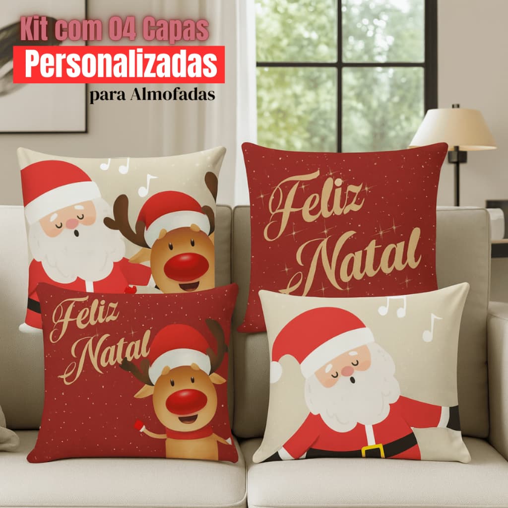 Capa Almofada Natal Papai Noel Vermelha Natalina Árvore De Natal Estampada Kit Com 4