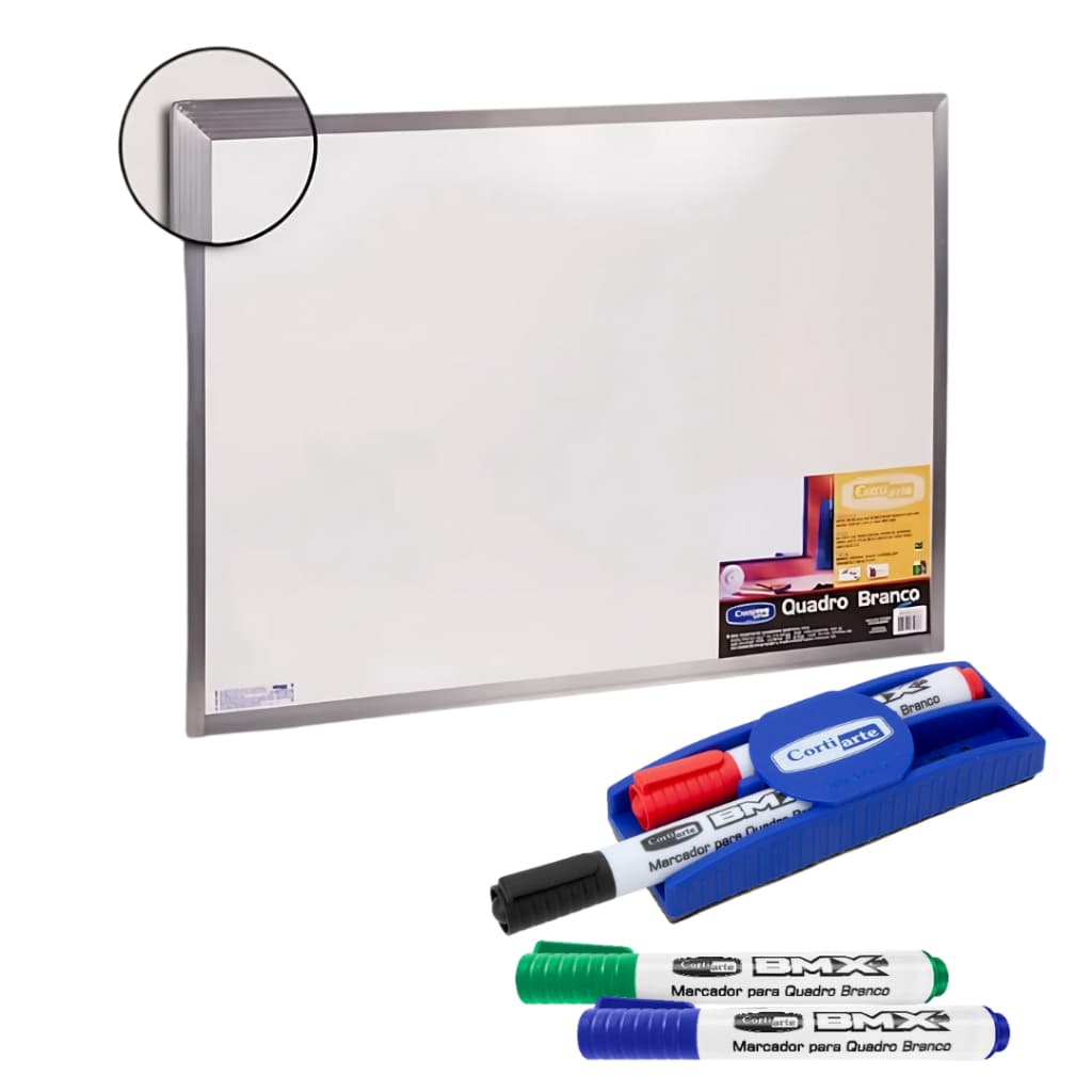 Kit Quadro Branco 60x40cm Com 4 Marcadores E Apagador Para Escola Escritório Cortiarte