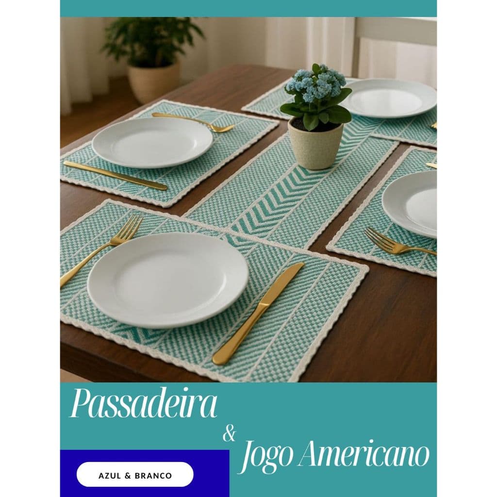 Jogo Americano Quadriculada 5 peças Passadeira Toalha De Mesa Sousplat Tricô Durabilidade Tricot