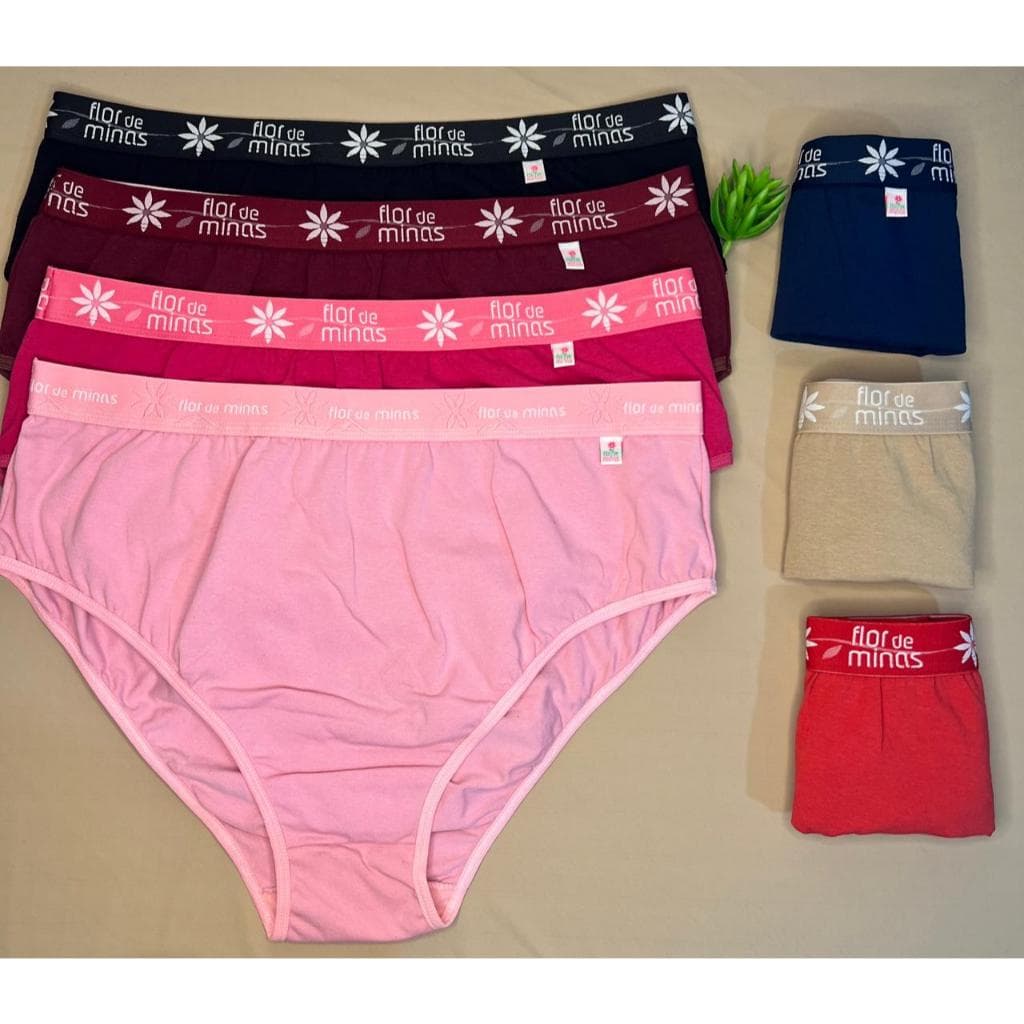 Calcinha Kit 6 ou 3 Peças Tangão Plus Size Cotton Elástico Exposto Cós Alto Feminino Lisa