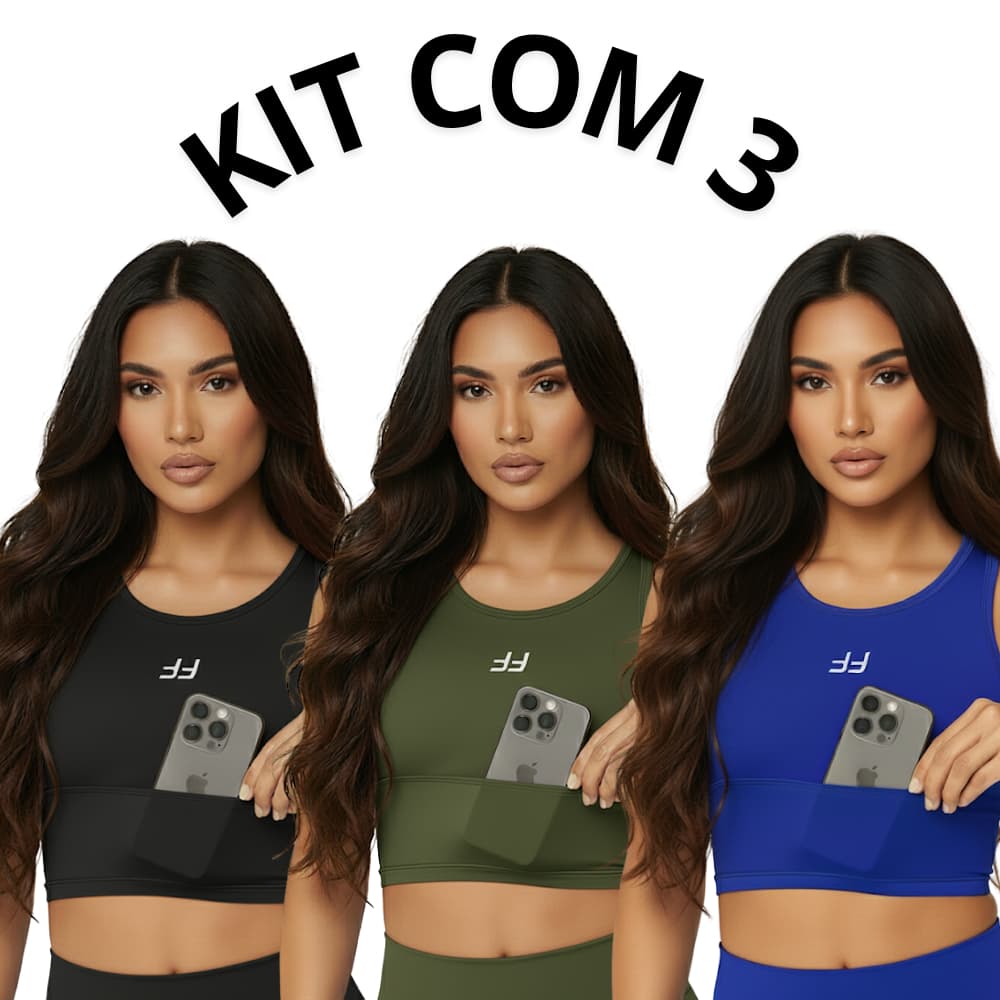Kit 3 Top Fitness Feminino Alta Compressão Bolso Celular Cropped Academia Treino Zero Transparência