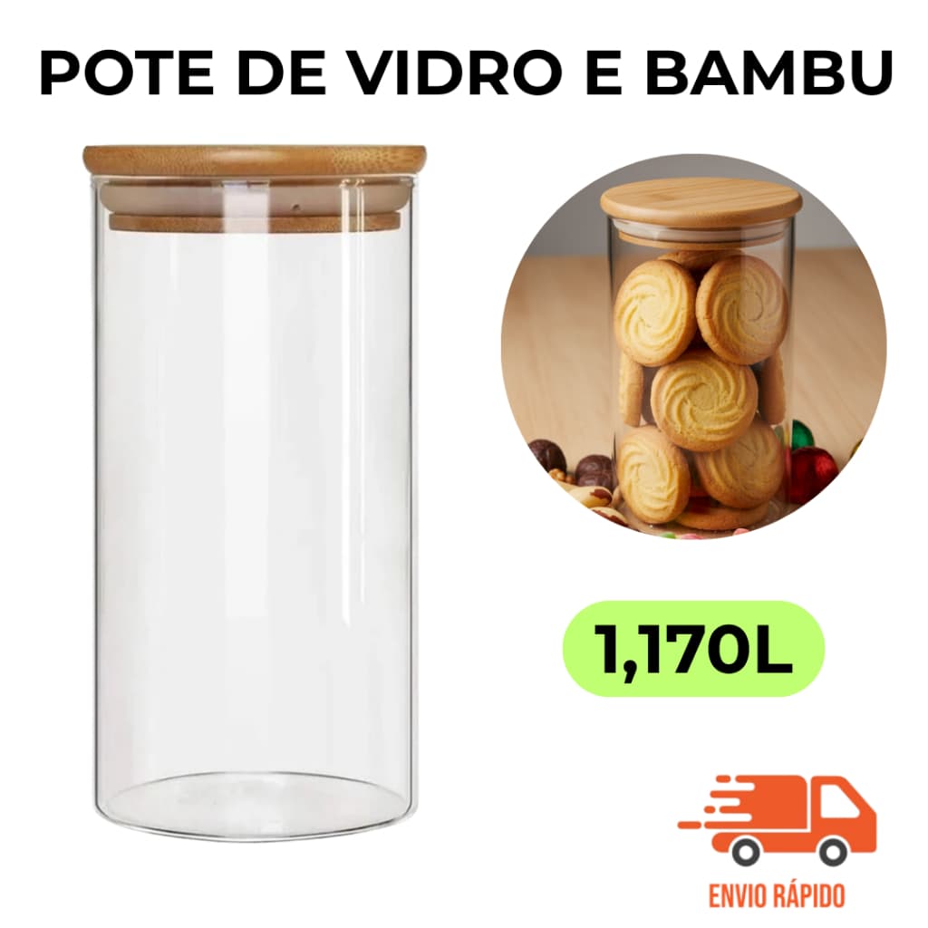 Pote de Vidro Moderno com Tampa Bambu 1,170 Litros Armazene Alimentos Temperos Grãos Cozinha