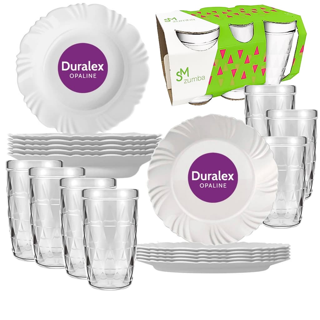 Kit Jantar Duralex Opaline 12 Peças Pratos Pétala + 6 Copos Zumba Vidro Temperado Duralex