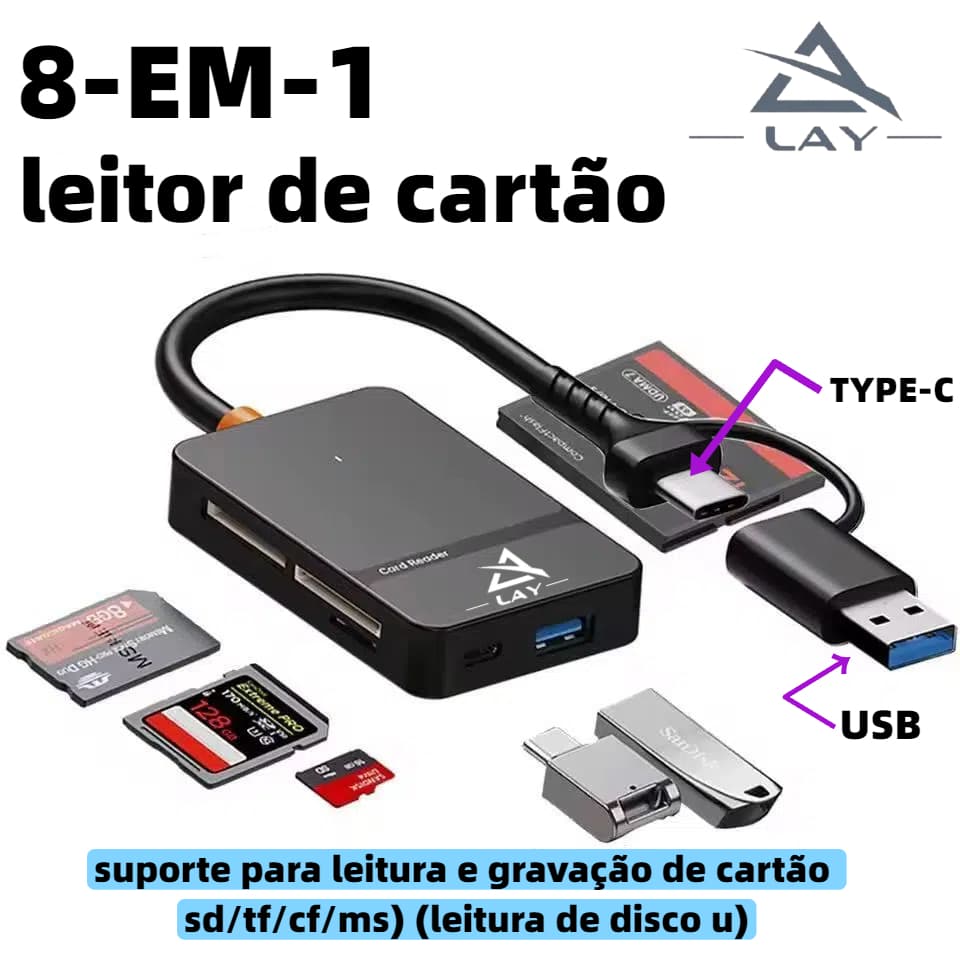 Leitor de cartão 8 em 1 Tipo C + USB-A para SD/TF/MS / CF1 / Tipo C/USB 3.0 U HUB de usb lay ADS-316