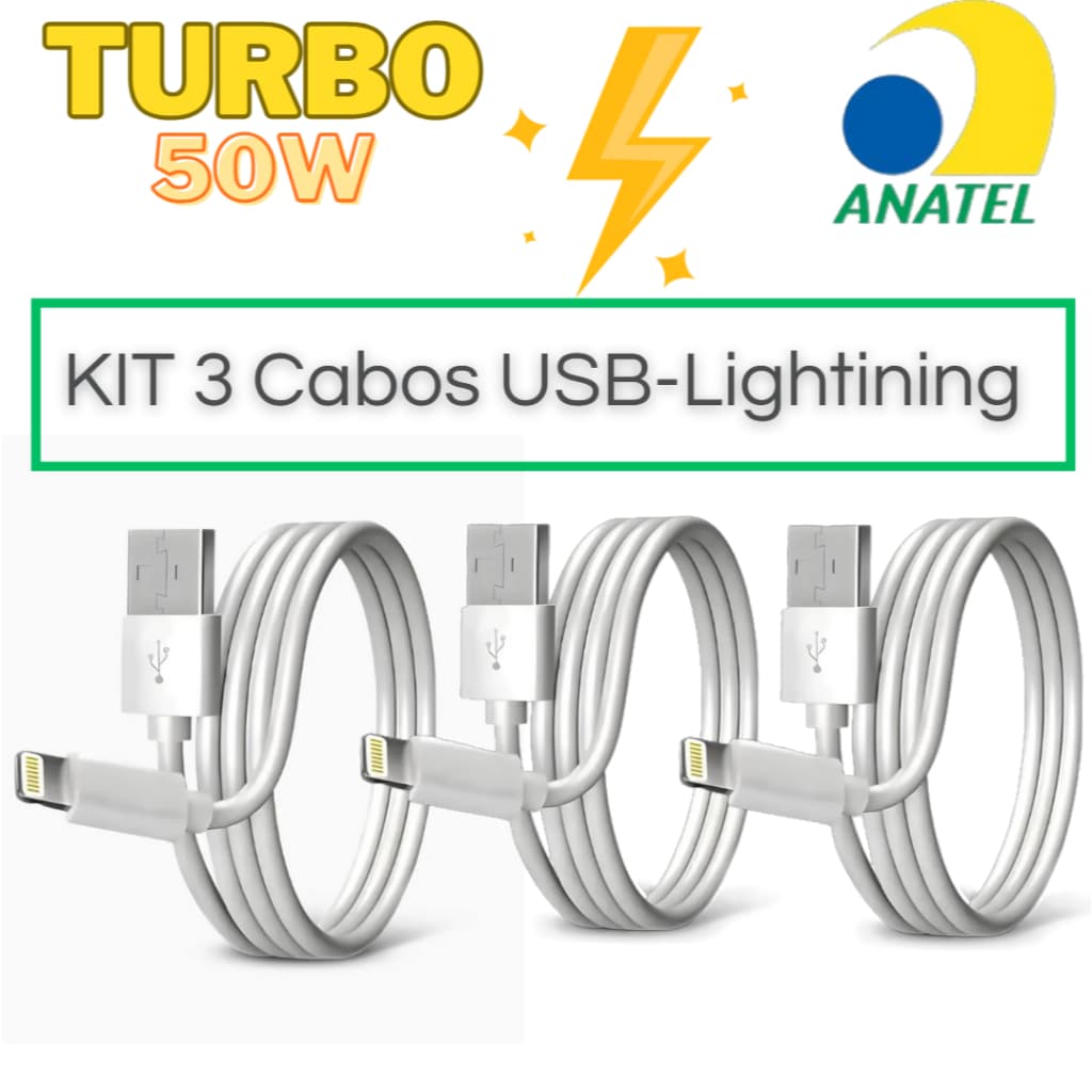Cabo Turbo 50w para IPHONE USB-Lightining Branco Certificado Anatel 6 7 8 9 11 12 13 14 X XR Pro Max