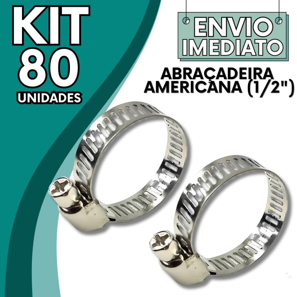 KIT Jogo 80 Abraçadeiras Americana de Metal Sem Fim 1/2" Reforçada Super Resistente Ajustável Fixador Para Mangueira