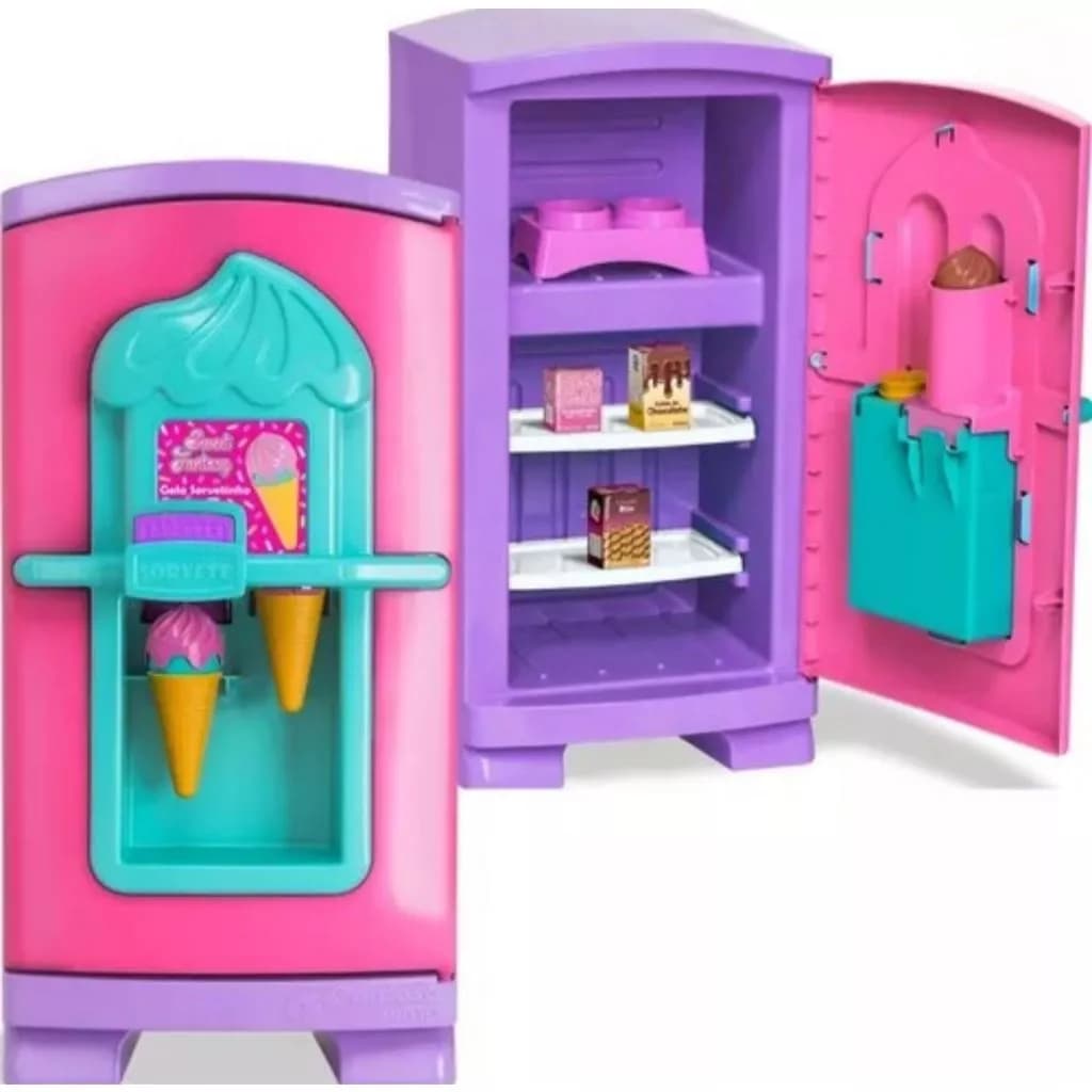 Geladeira Sorveteria Infantil Grande Bebe Gela Sorvetinho Faz Sorvete de Criança Rosa Cozinha Menina