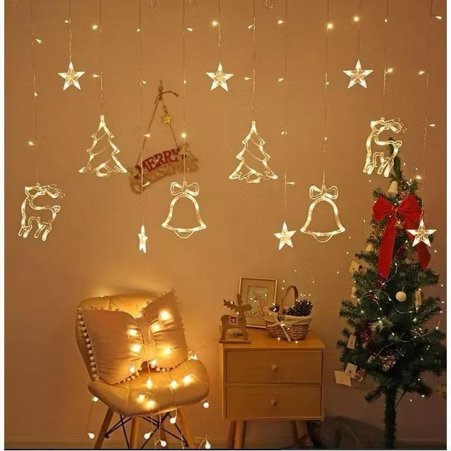 Cascata Led Natal Pisca Pisca Com Estrelas Rena Pinheiro 8 Funções Branco Quente Bivolt Pronta Entrega