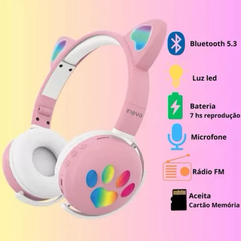 H'maston EJ-040 Fone gatinho sem fio bluetooth 5.0 bonito gato forma luminosa fone de ouvido