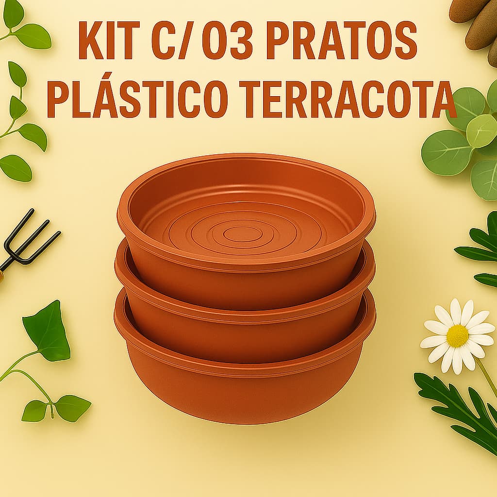 Kit 03 Pratos Plastico Terracota - Para Vasos de Plantas Pequenos, Médios e Grandes