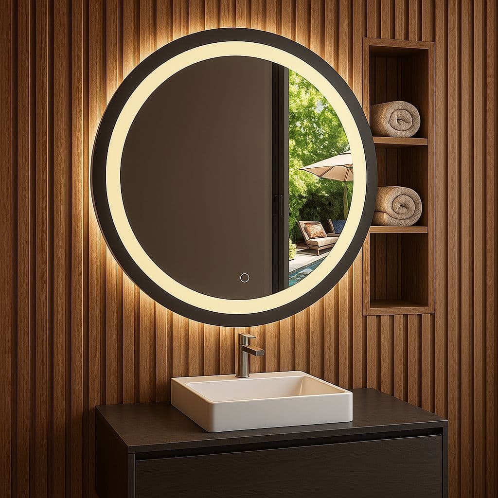 Espelho 60x60 Lapidado Jateado A laser Redondo Com Led Multicolor E Botão Touch Achadinho Decorações