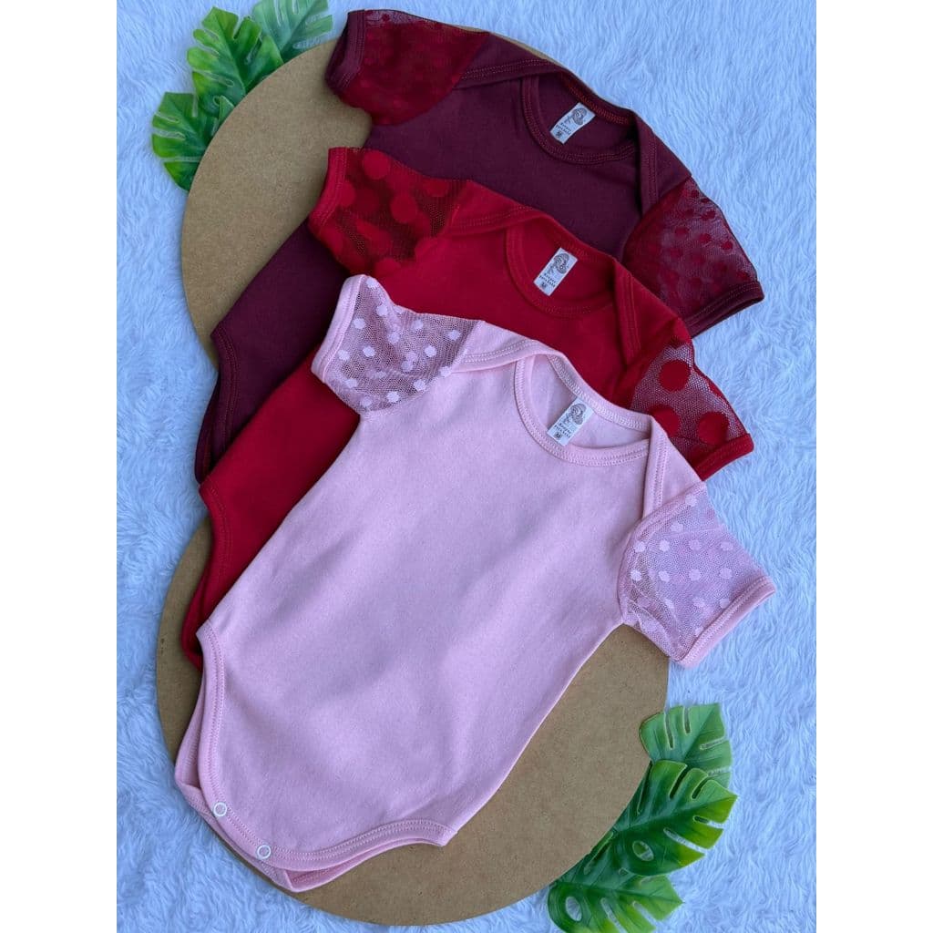 KIT 3 Body Manga Curta Bolinha Bebê Recem Nascido MENINA 100% Algodão