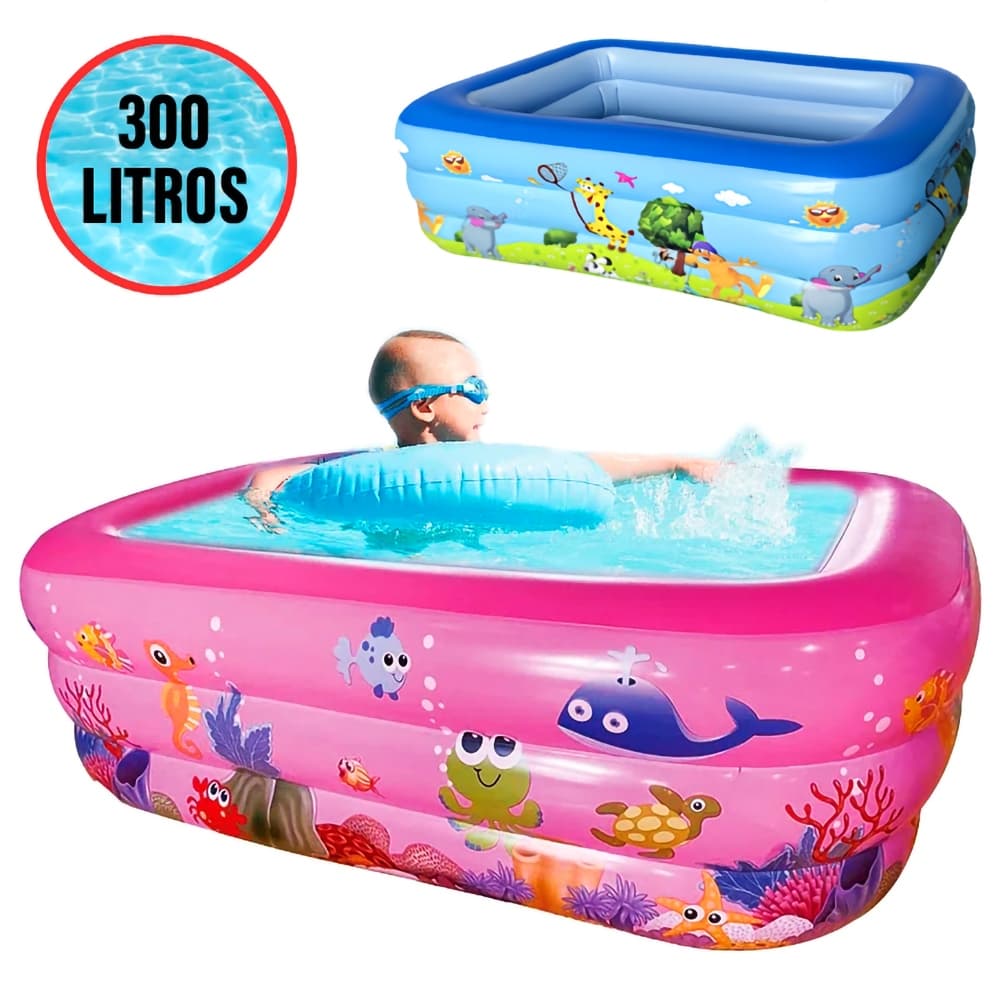 Piscina Inflável Retangular 300 Litros Crianças 150CM Colorida Praia Verão Infantil Água e Bolinhas