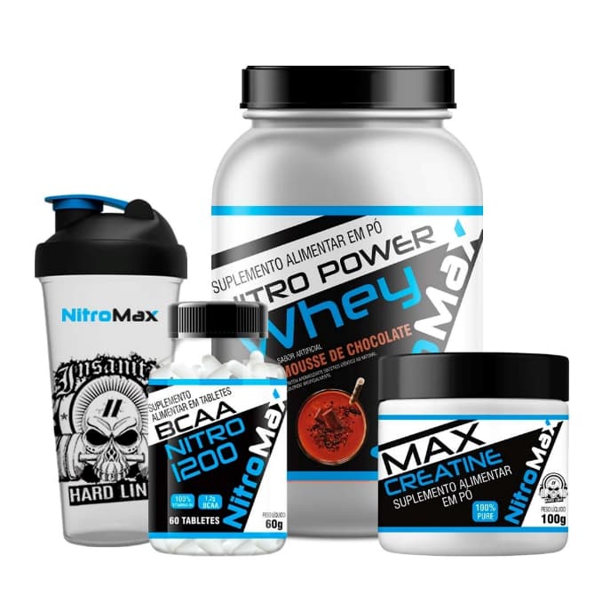 Kit 1 Nitro Power Whey 900g + 1 BCAA Nitro 1200 60 Tabs + 1 Max Creatine 100g + 1 Coqueteleira 600ml - Nitro Max