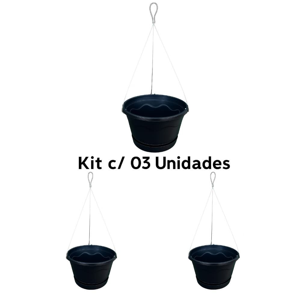 Kit 3 Vasos Suspensos 4L Completo – Cuia com Prato + Corrente / Cabo de Aço 50 cm