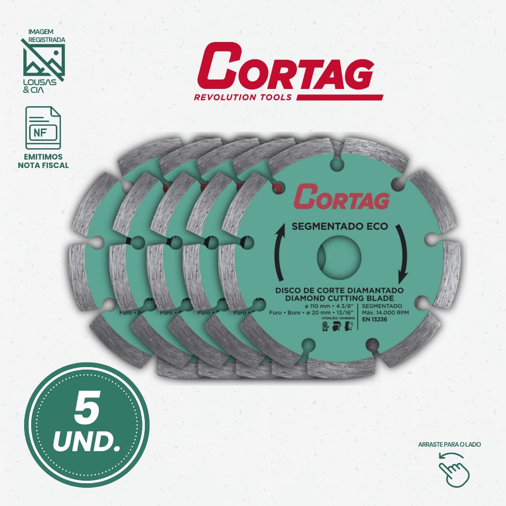 Kit 5 Disco Diamantado Segmentado Eco 110mm Disco de Corte Cortag