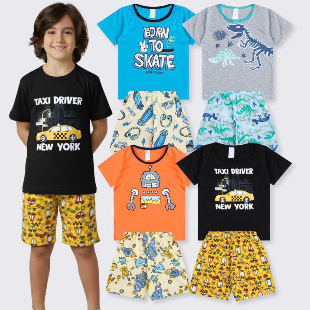 Kit 8 Peças 4 Conjuntos Pijamas Menino Roupa Infantil Promoção Verão Atacado