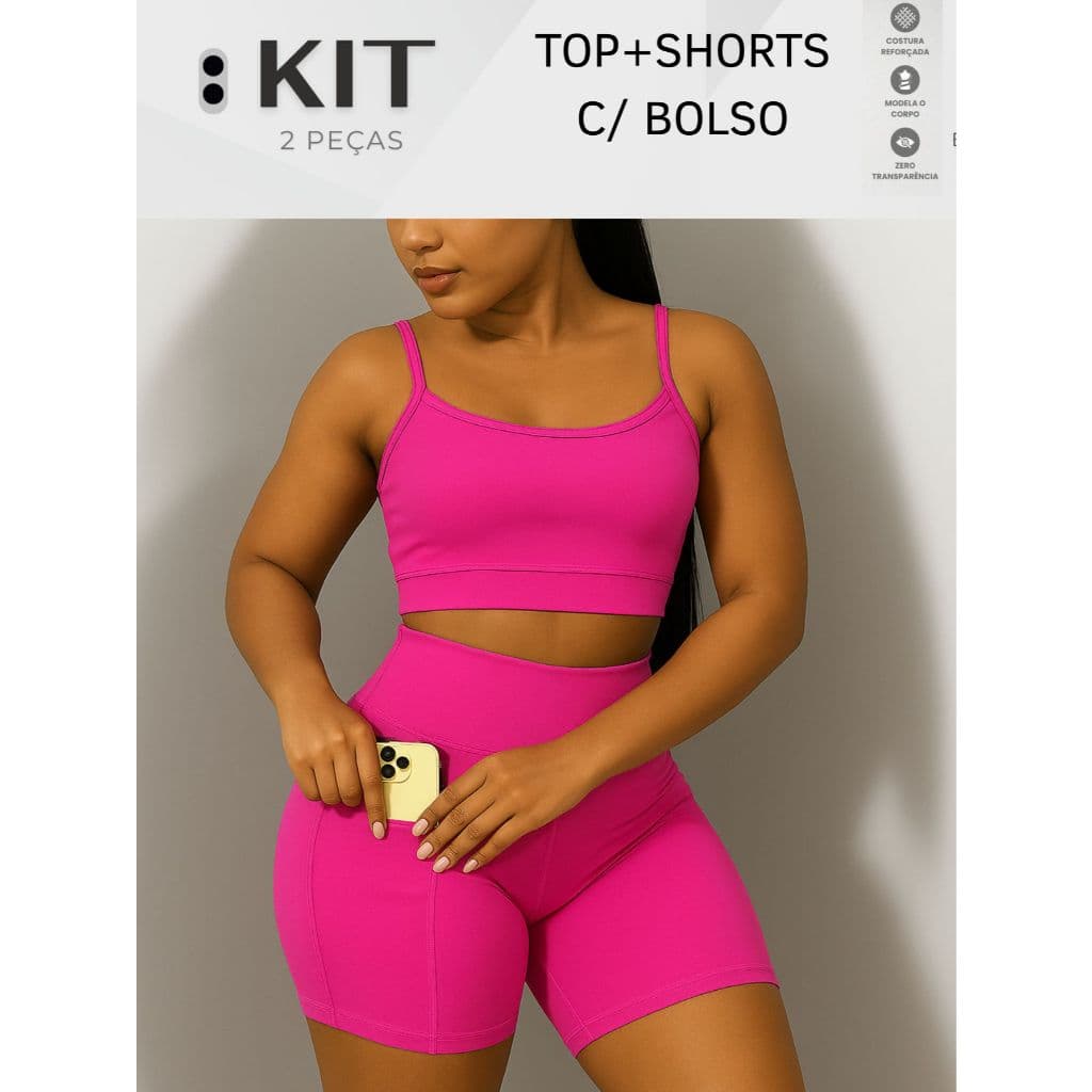 Conjunto top e shorts com BOLSO Fitness Academia Cintura alta Cós Duplo