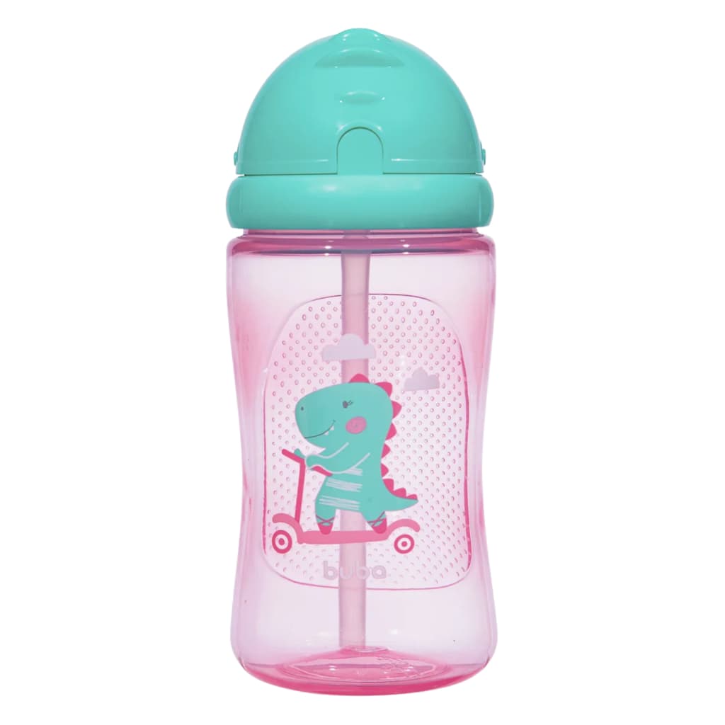 Garrafinha de Água Infantil Buba Canudo Silicone Tampa Retrátil Higiênica 400ml Dino Patinete Rosa