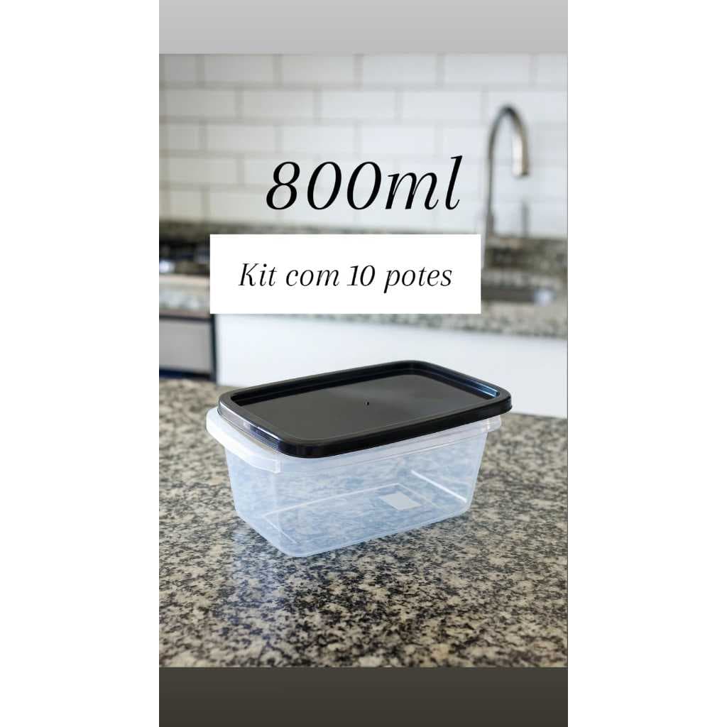 10 potes fit retangular com tampa preta pote marmita 800ml