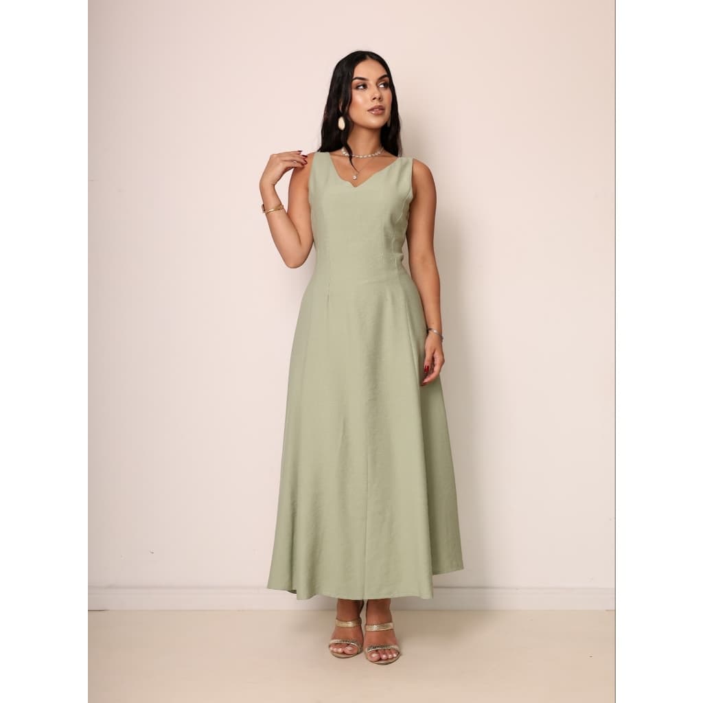 Vestido midi elegante, liso, sem mangas, com decote em V e bainha larga para uso casual
