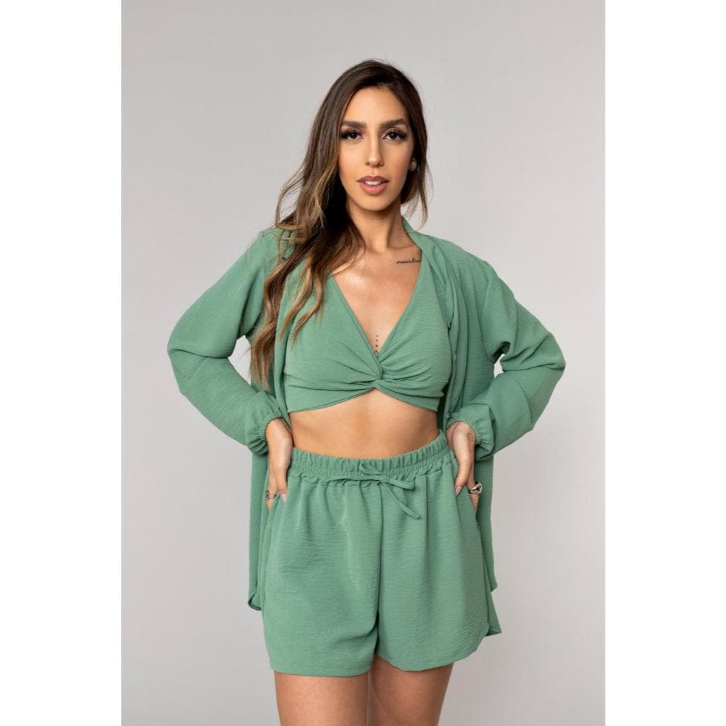 Conjunto Feminino 3 peças Moda Instagram – camisa + Shorts + Croped
