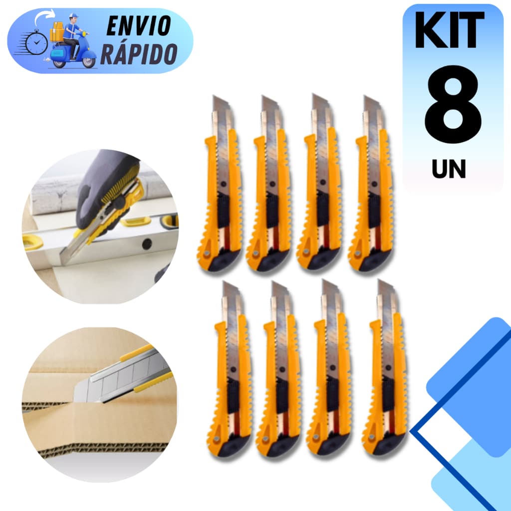 KIT 8 ESTILETE PROFISSIONAL DE METAL E PLASTICO REFORÇADO LÂMINA 16CM  ESCRITÓRIO MAIS DURAVÉL