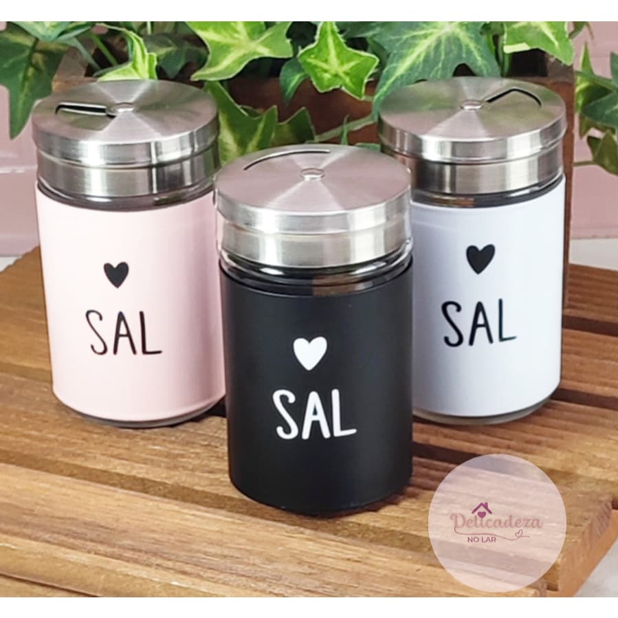 Saleiro de Mesa de Vidro e tampa em Inox - Escrita Sal 100ml