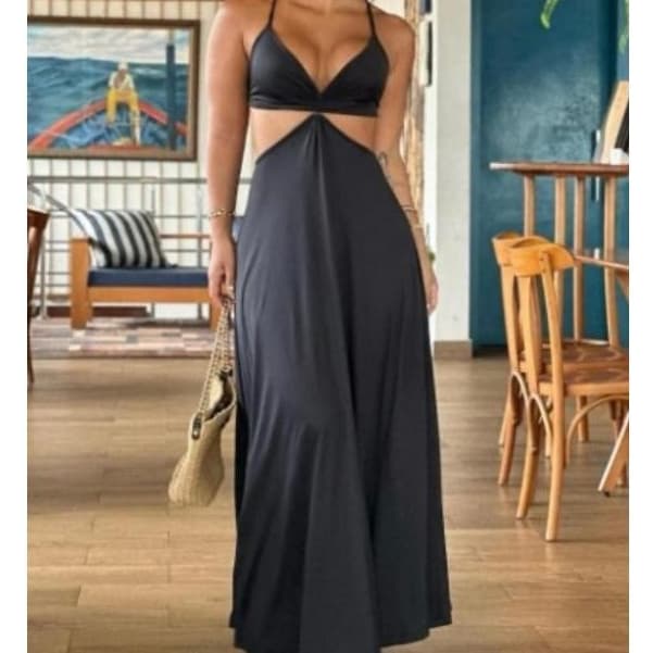 Vestido Longo Feminino Aberto Cintura Trançado Costas 36-42