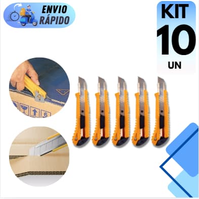KIT 10 ESTILETE DE METAL E PLASTICO LÂMINA 16CM COM TRAVA DE SEGURANÇA CORTE PRECISO E SEGURO