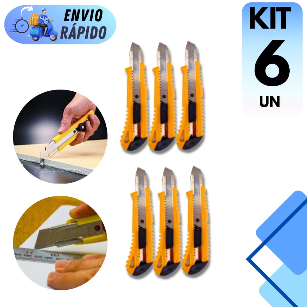 KIT 6 ESTILETE PROFISSIONAL METAL E PLASTCO LÂMINA 16 CM SEGURANÇA ARTESANATO E ESCRITÓRIO