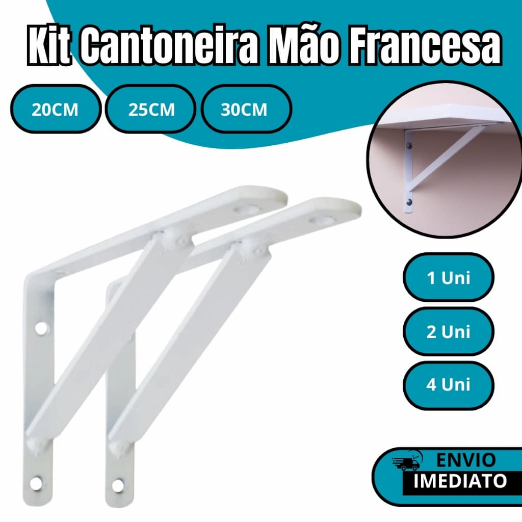 Kit Suporte Prateleira Cantoneira Branca Mão Francesa Para Sustentar Prateleira 20cm até 30cm