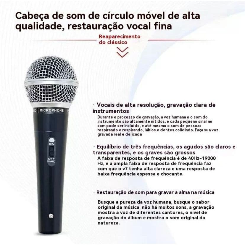 Microfone Com Fio Dinâmico Profissional Metal Com Cabo P10  Cardioide Karaokê Igreja Kaizu