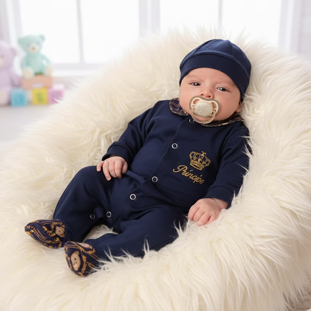 Conjunto Macacão Manga Longa Para Bebê Menino Com Boné Príncipe 02 Peças Azul Marinho