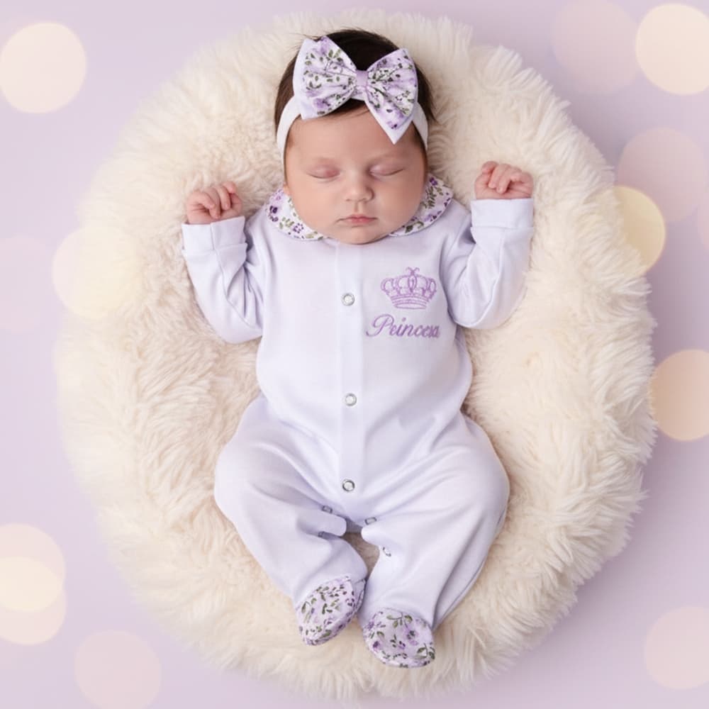 Conjunto Menina 02 Peças Macacão Bordado Princesa Com Faixa De Cabelo Roupa Para Bebê Branco e Lilás