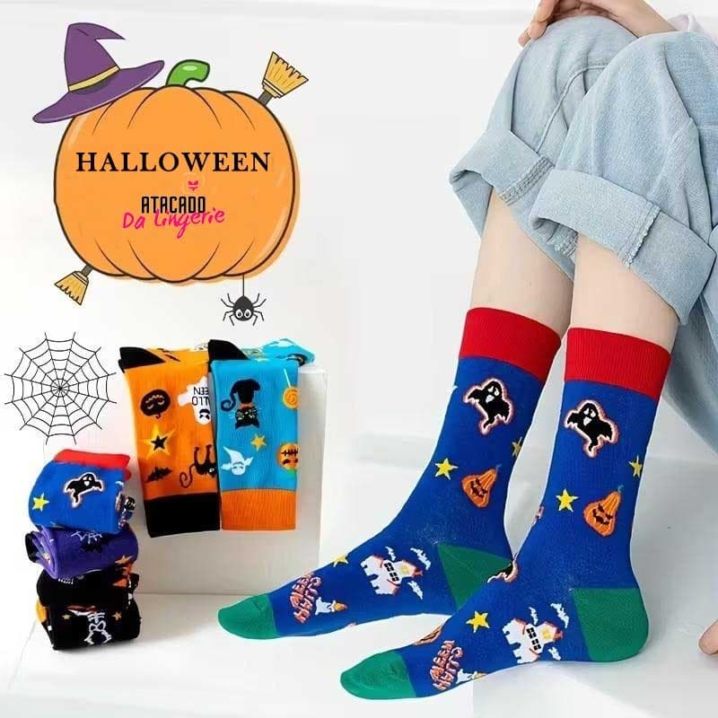 Kit 3 Pares Meia Halloween Cano Longo Algodão Estampada Terror Divertida Moda Unissex