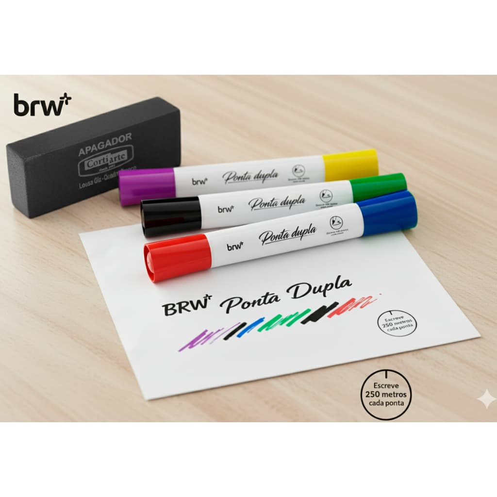 Kit 3 Marcadores Brw Ponta Dupla Para Quadro Branco E Apagador Anatômico Cortiarte