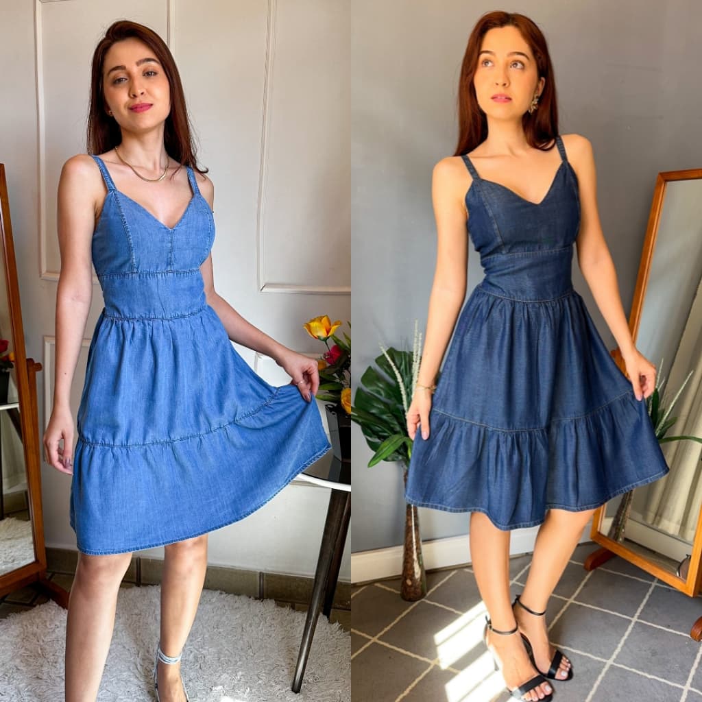 Vestido feminino jeans 3 marias com alcinha e lastex